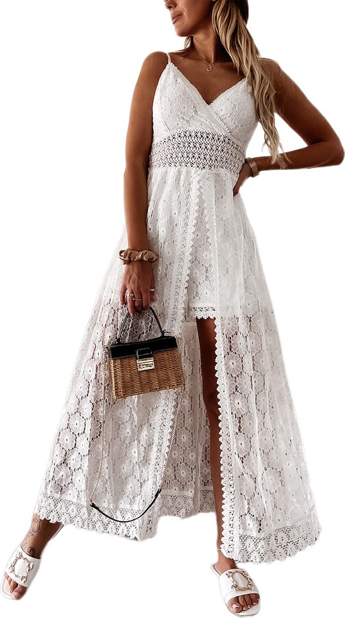 Yidarer Womens Sleeveless Deep V Neck Hollow Romper Split Strap Maxi Dress  Short Jumpsuit Overlay Skirt(White-S) - ShopStyle