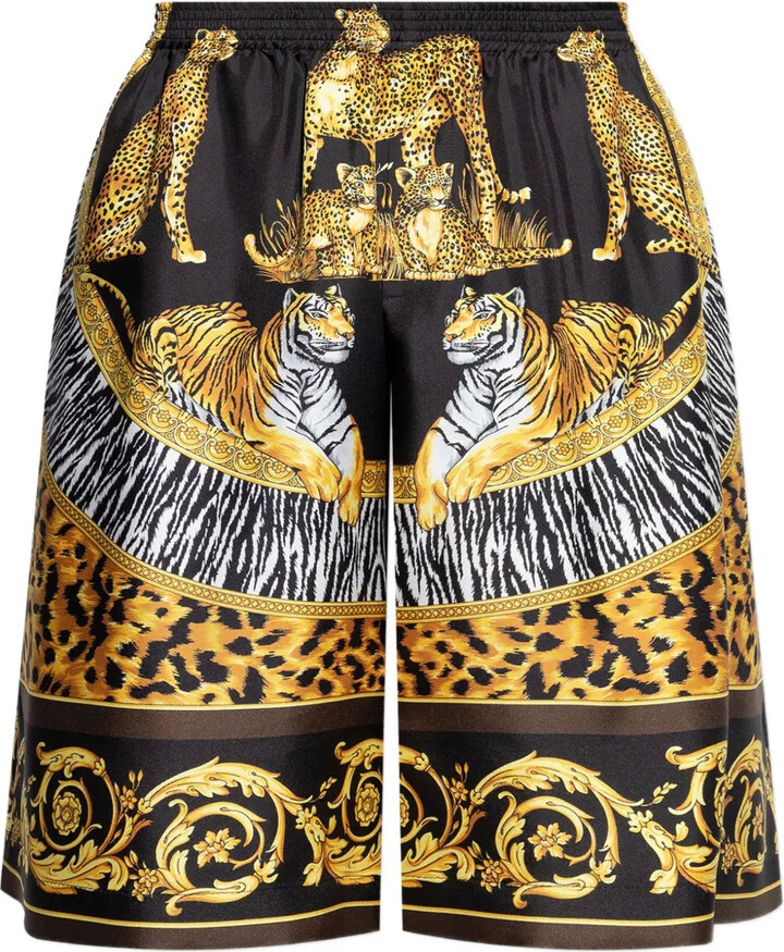 Versace Tiger Leopard-Print Silk Shorts