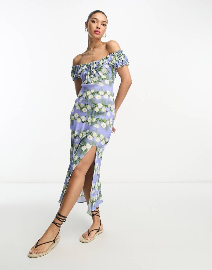 ASOS DESIGN viscose milkmaid tie neck midi dress in blurred floral