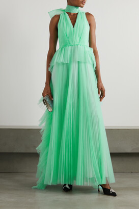 Huishan Zhang Alana Bow-detailed Tiered Tulle Gown - Light green