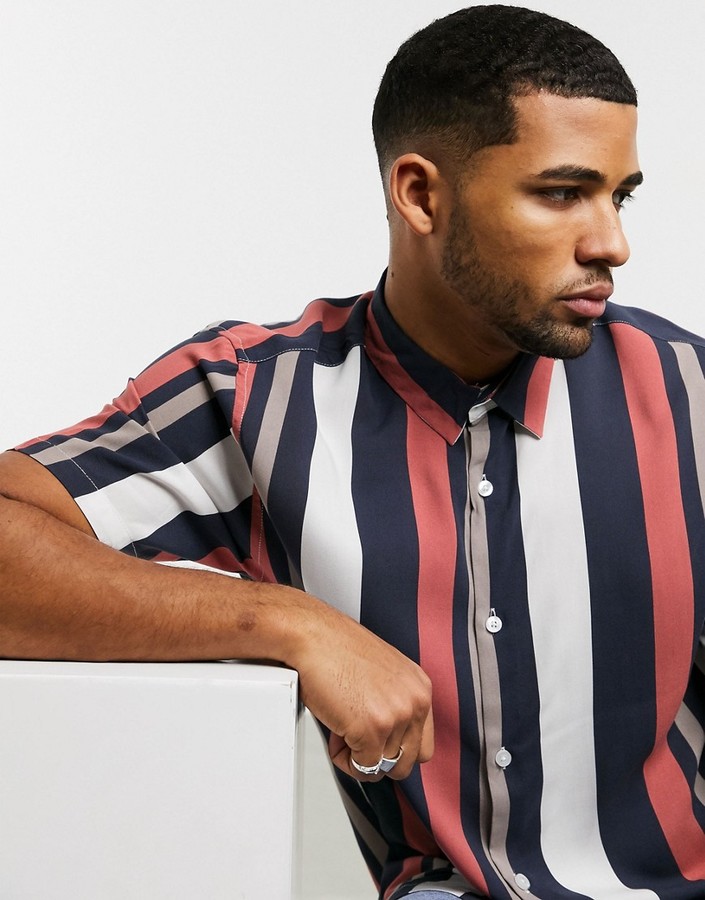 Bershka vertical stripe shirt in navy and orange - ShopStyle