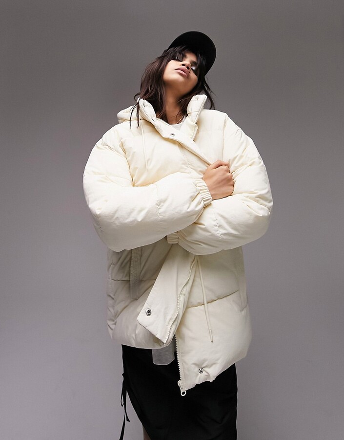 Topshop mid length tie waist puffer jacket in cream - ShopStyle