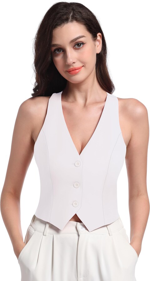 V VOCNI Vest for Women V Neck Suit Vest Racerback Sleeveless Fashion Dressy  Crop Vest Top Fitted Jacket Waistcoat White X-Large - ShopStyle