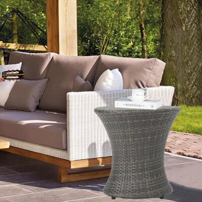 Lark Manor Outdoor Small Side Table Patio Rattan End Table 19.7 Inch Hourglass Wicker Accent Tables Steel Frame Lightweight