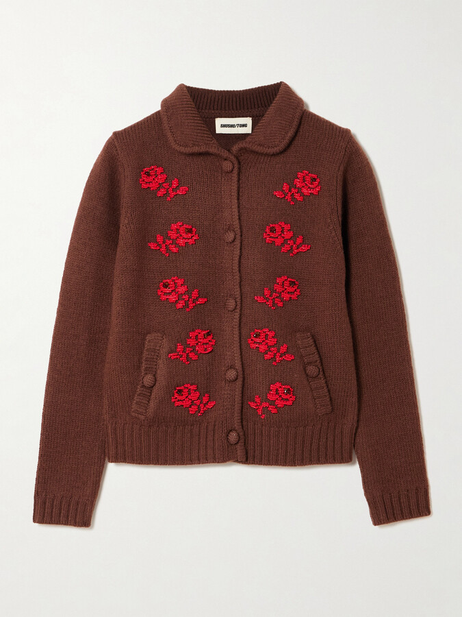 SHUSHU/TONG Bead-embellished Wool Cardigan - Brown