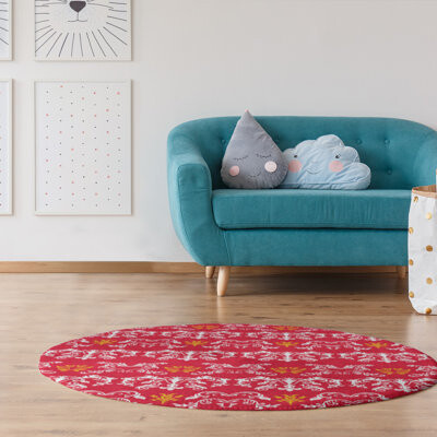 East Urban Home Round Football Baroque Pattern Damask Red Area Rug