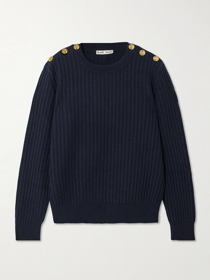 BLAZÉ Milano - Highland Button-detailed Cable-knit Wool And Cashmere-blend Sweater - Blue