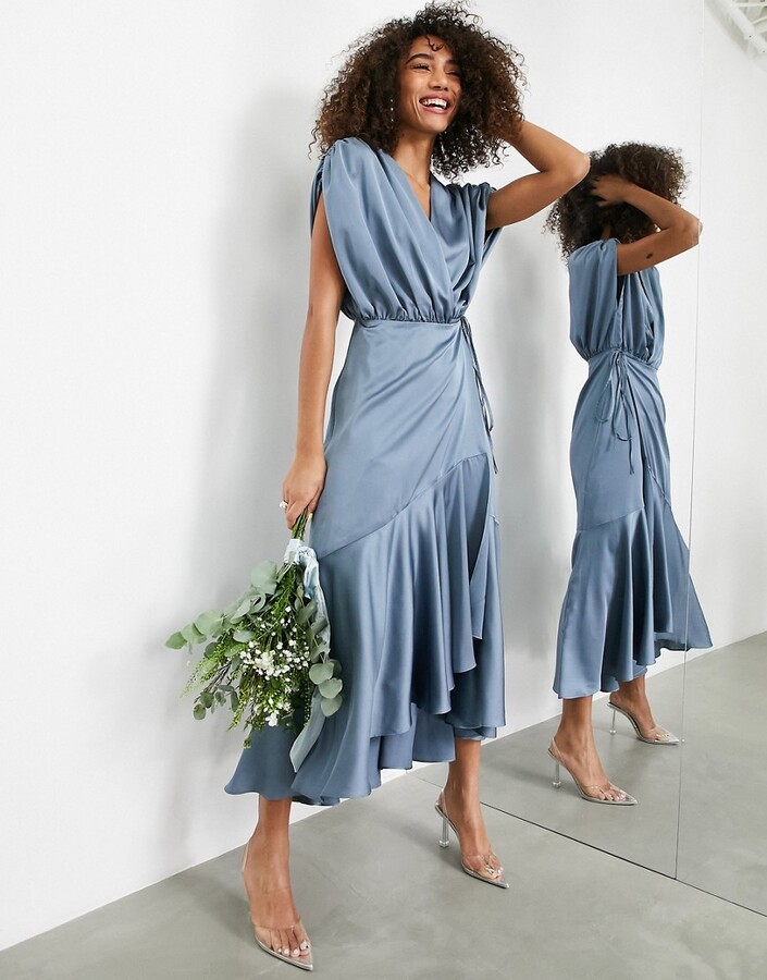 Blue Satin Wrap Dress | Shop the world ...