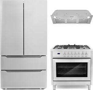 Cosmo 3 Piece Kitchen Appliance Package with French Door Refrigerator , 36'' Dual Fuel Freestanding Range , Insert Range Hood , and Air Fryer