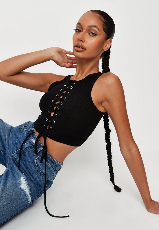 Missguided Black Rib Lace Up Tank Top - ShopStyle