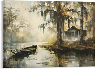 August Grove Dreamy Misty Bayou Cottage,Built-In Back Wood Frame,Wall Artwork, 36W X 24L