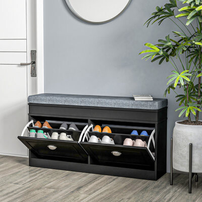 Modern Entryway Shoe Bench, Black, With Cushion & 2 Drawers, Adjustable Shelf Holds 8 Pairs, And Adaptable Black Rack Bench For Entryway, Practical De