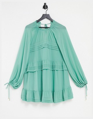 Ever New tiered lantern sleeve mini dress with frill detail in sage green
