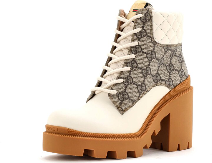 Gucci Women's Lace Up Heeled Ankle Boots GG Coated Canvas with Quilted Leather