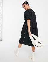 Thumbnail for your product : NATIVE YOUTH puff sleeve midi smock dress with contrast mushroom embroidery