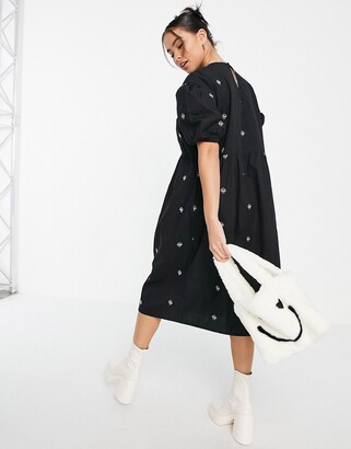 NATIVE YOUTH puff sleeve midi smock dress with contrast mushroom embroidery