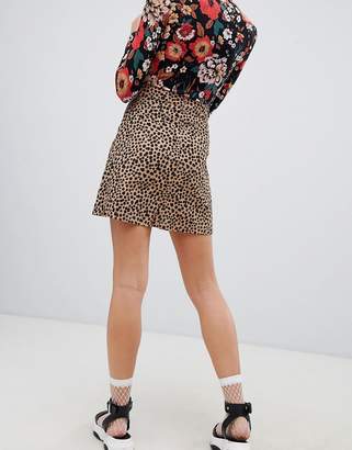 Monki leopard print zip front mini skirt in brown