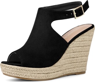 Allegra K Women's Slingback Peep Toe Platform Wedge Heels Sandals Black 6