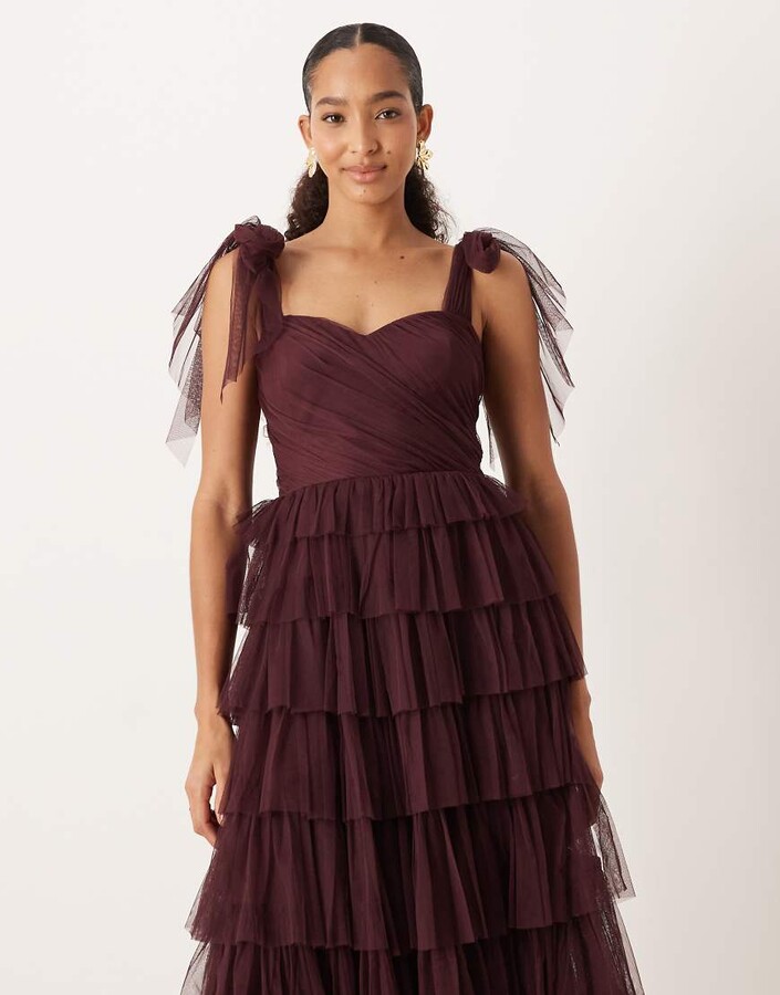Lace & Beads Bridesmaid bow shoulder tulle maxi dress in plum