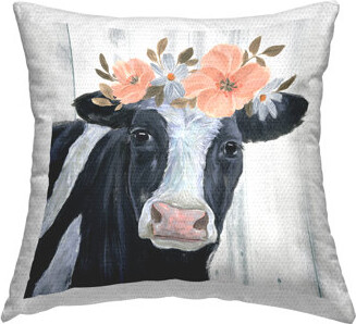 Country Cow Flower Crown Outdoor Printed Pillow by Annie Warren