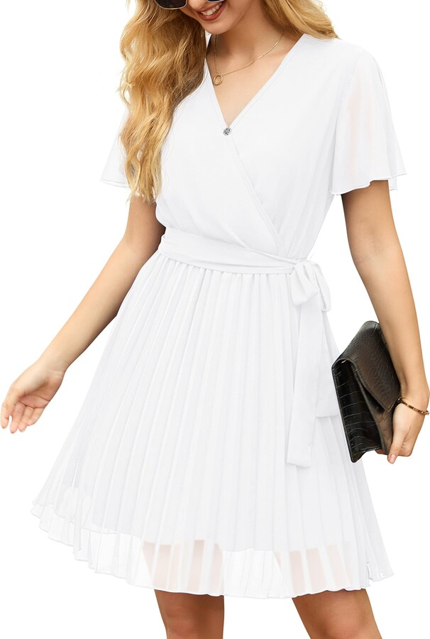 thumbnail image 2 of GRECERELLE Women's Summer Wrap Dress - Chiffon Pleated Tie-Waist Mini Dress For Beach, Wedding Guest, Casual Wear 2 of 13