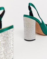 Thumbnail for your product : ASOS DESIGN Presence embellished block heeled high shoes in green satin