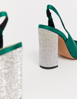 ASOS DESIGN Presence embellished block heeled high shoes in green satin