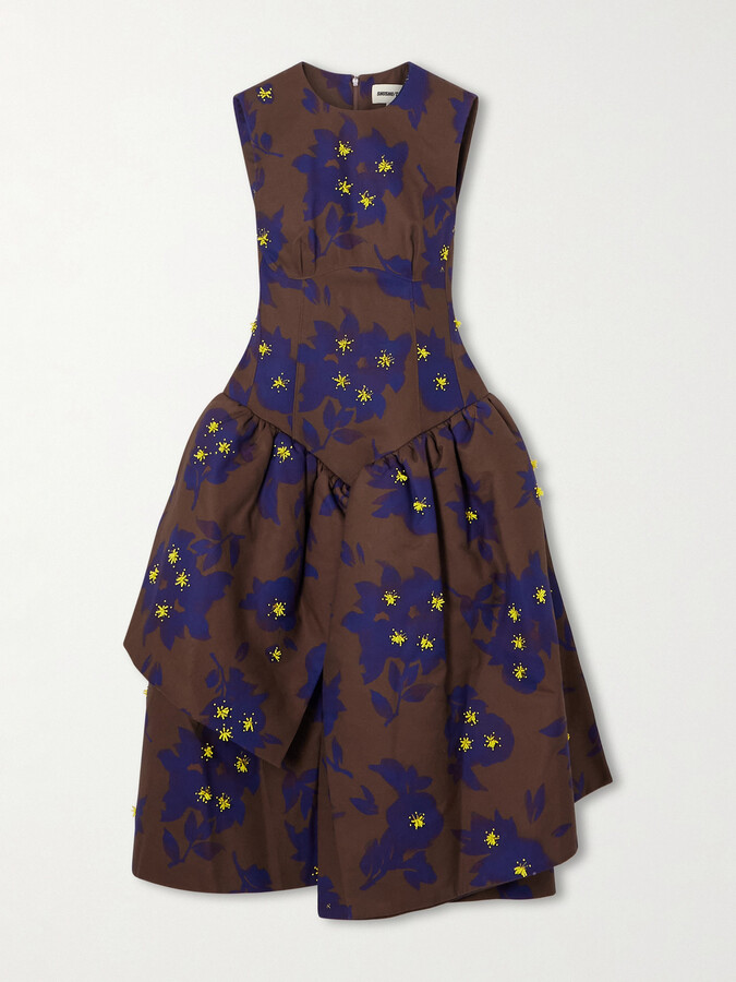 SHUSHU/TONG Asymmetric Embellished Gathered Printed Taffeta Dress - Brown