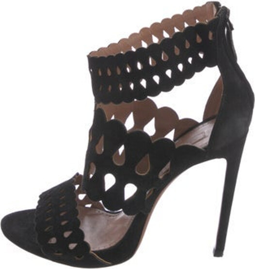 Alaia Suede Sandals Black Scalloped Accent Platform Zip Closures at Shafts