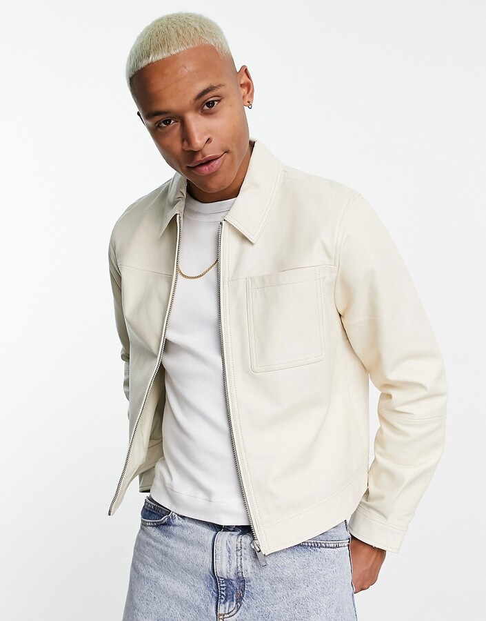 ASOS DESIGN real leather varsity jacket in green with badging