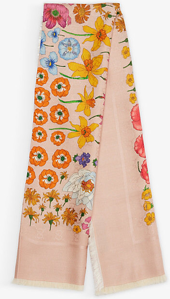 Womens Camel Erbarium Floral-Print Silk-And-Wool-Blend Scarf