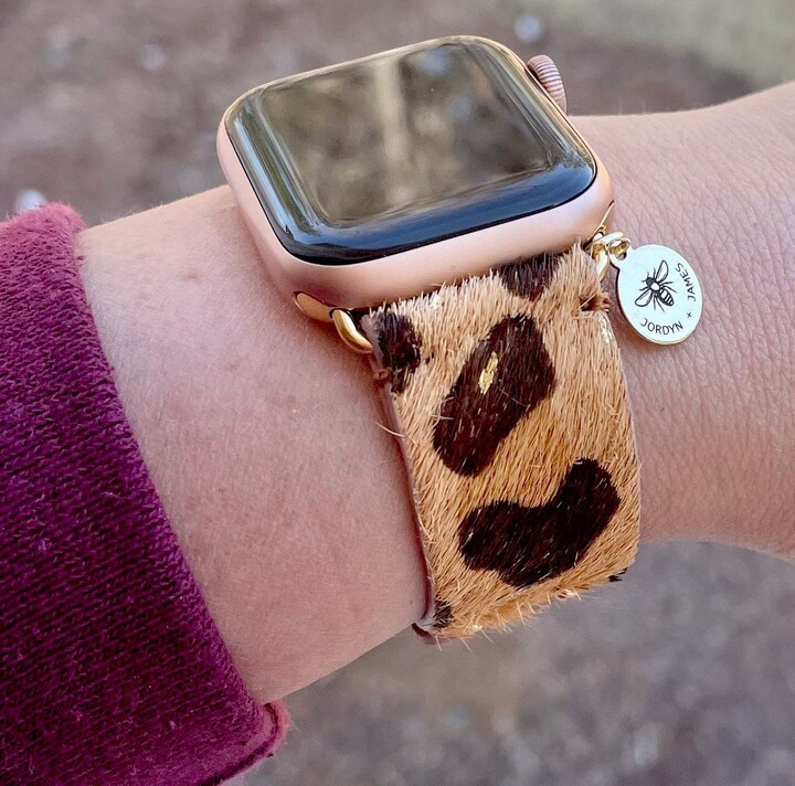 Metallic Leopard Watch Band/Compatible With Apple Thick Adjustable Snaps Gold Cowhide Genuine Leather 38mm 40mm 41mm Gift