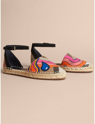 Burberry Rainbow Print House Check and Suede Espadrille Sandals