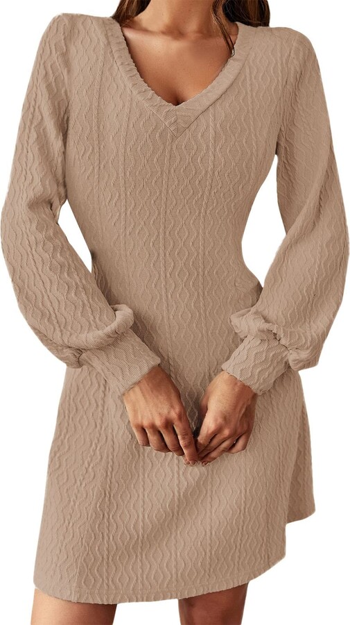 PRETTYGARDEN Women's Lantern Long Sleeve Round Neck High Low Asymmetrical  Irregular Hem Casual Tops Blouse Shirt Dress (Khaki,Sm