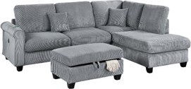 Latitude Run Contemporary Style 3Pc Sectional Set Right Arm Chaise Left Arm Sofa W/ USB Port Storage Ottoman Throw Pillow Wooden Legs Black Finish Primary Living R