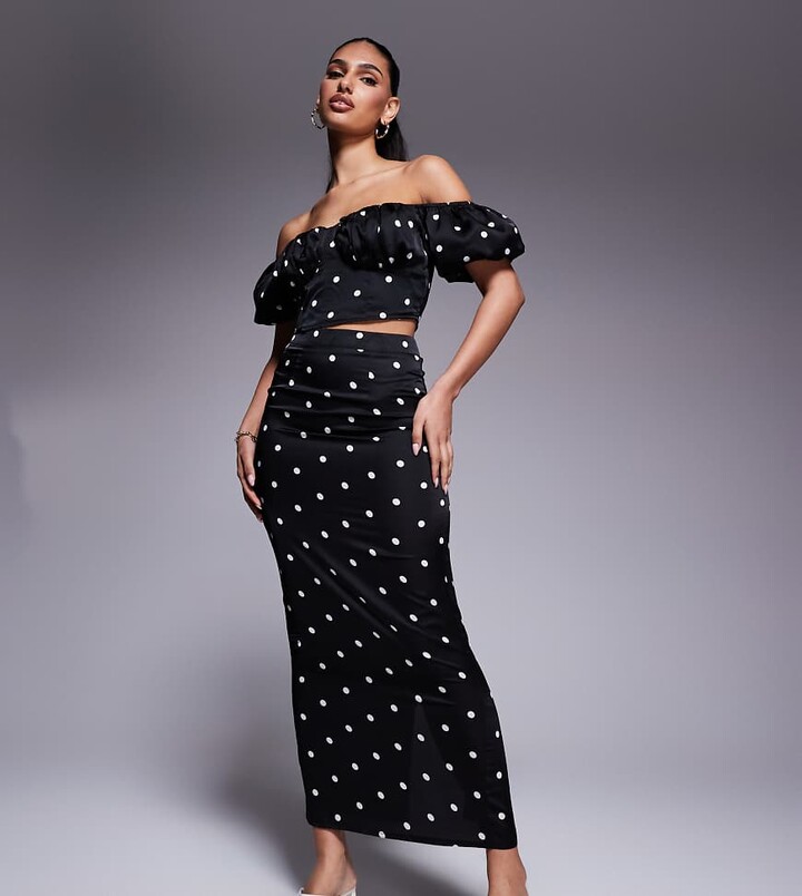 Kaiia exclusive bodycon satin maxi skirt in black polka dot (part