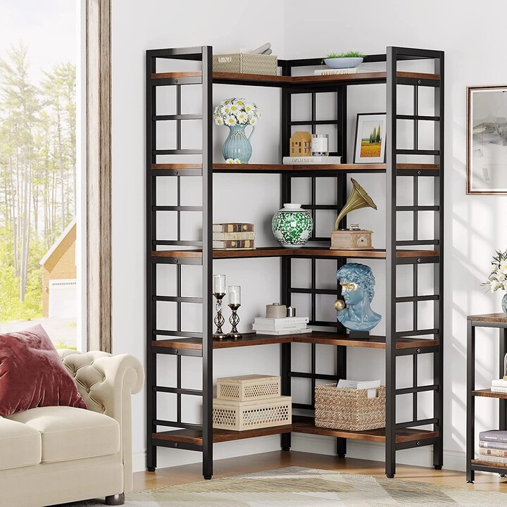 YUZHOU 5Tier Corner Bookshelf LShaped with Storage, Tall Corner Shelf