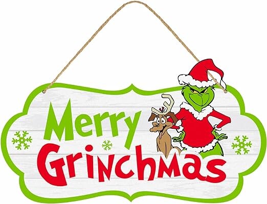Grinch Christmas Decorations, Merry Grinchmas Wood Hanging Sign, Funny Christmas Welcome Sign Front Door Decor, Grinch Christmas Party Decor Supplies, Xmas Tree Wall Room Bathroom Decor