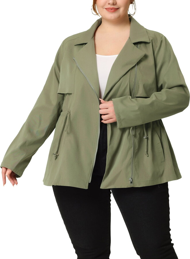 Unique Bargains Women’s Plus Size Moto Zipper Drawstring Waist Jacket 1X Green