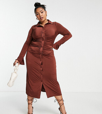 ASOS Curve Curve slinky slim fitted midi shirt dress with ruching in brown