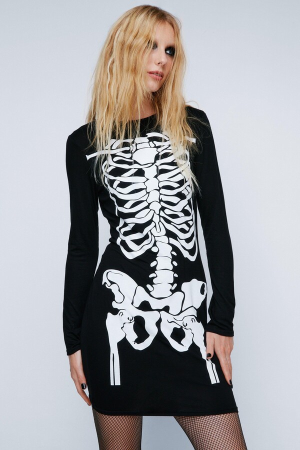Freaky Gothic Skeleton Ribcage Bones Halloween Print Bodycon Wiggle Pencil Dress