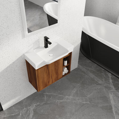 Millwood Pines 28'' Wall-Mounted Bathroom Vanity with White Ceramic Sink & Soft-Close Door
