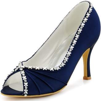 ElegantPark EP2094 Women Satin Ruched Stiletto Heel Pumps Peep Toe Rhinestones Evening Party Prom Shoes US 8