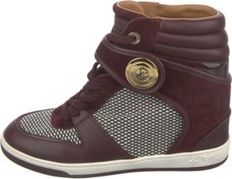 Pre-owned Burgundy Suede Leather And Fur High Top Sneakers Size 38.5