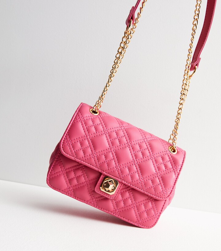 Bright Pink Quilted Leather-Look Chain Strap Cross Body Bag