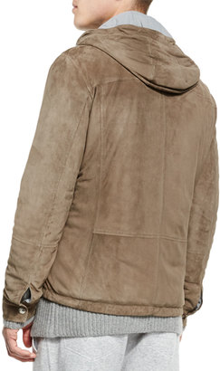 Brunello Cucinelli Suede Hooded Shirt Jacket, Taupe