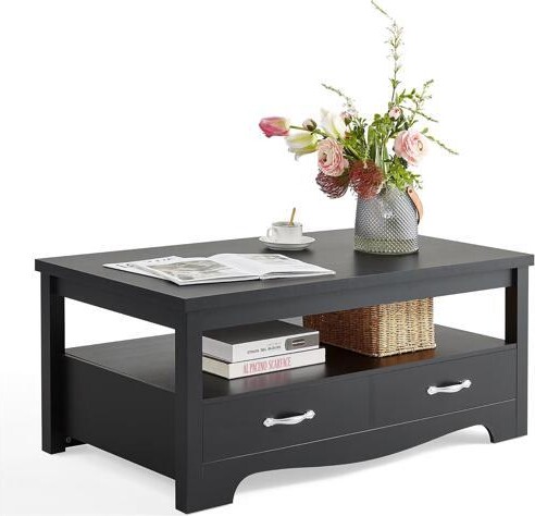 VINIUSIKI LINSY HOME Farmhouse Coffee Table with Storage, Wood Coffee Table for Living Room, Open Display Area and Storage Drawers with Metal Handles, Chic...