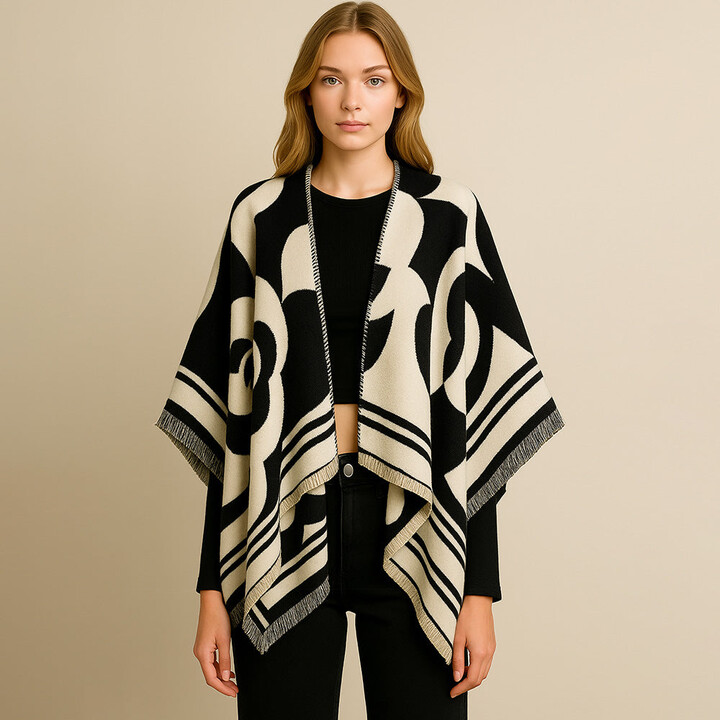 TRUEDAMES Flower Pattern Print Ruana Poncho