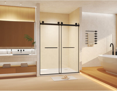 JINXUNDA Space-saving Dual Sliding Doors Tempered Glass Matte Black Contemporary Bathroom