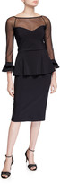 Thumbnail for your product : Chiara Boni Boat-Neck Sheer-Yoke 3/4-Sleeve Illusion Dress w/ Velvet Stripe